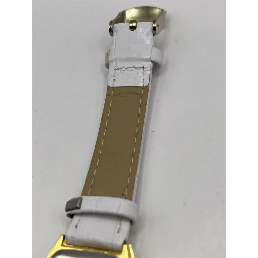 Unika Women's Quartz Watch Gold Tone Case White‎ Leather Band- New Battery
